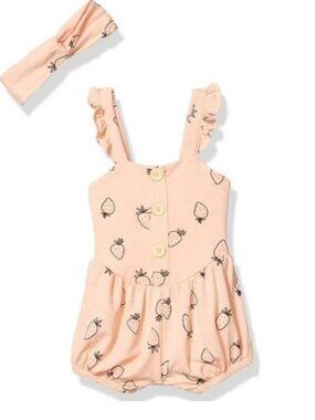 Jessica Simpson Baby Size 3/6M Romper Headband Set Pink Strawberry Print Outfit